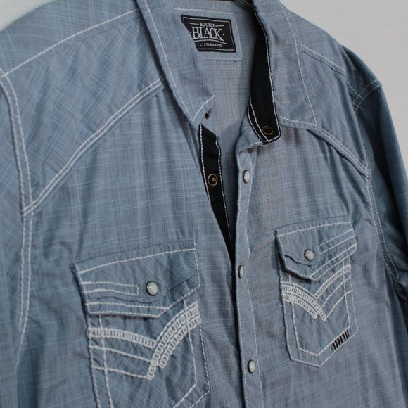 Buckle Black Shirt Men's Large Blue Long Sleeve Solid Pearl Snap Standard Fit - Picture 4 of 14
